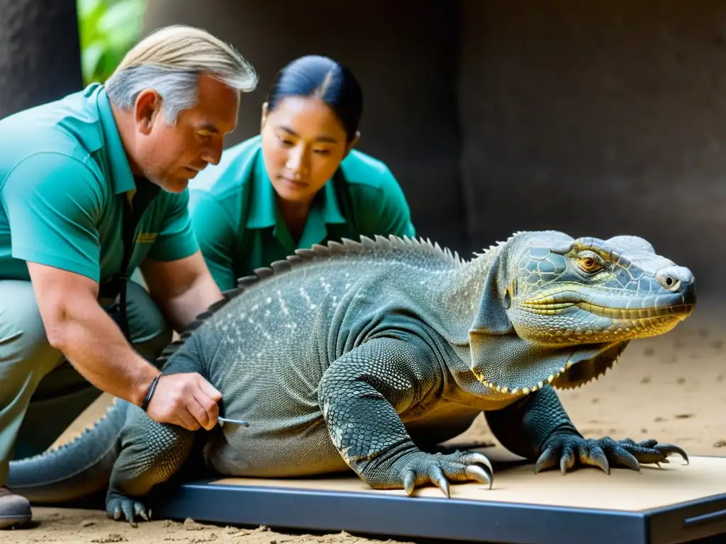 Equipo de conservacionistas midiendo con precisión las escamas de un majestuoso dragón de Komodo, estrategias para proteger esta especie en peligro