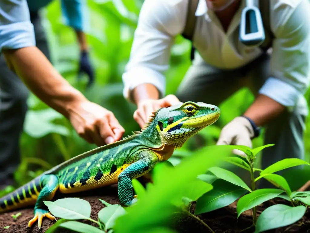 Equipo de conservacionistas reintroduciendo reptiles en un ecosistema vibrante, destacando su dedicación y cuidado