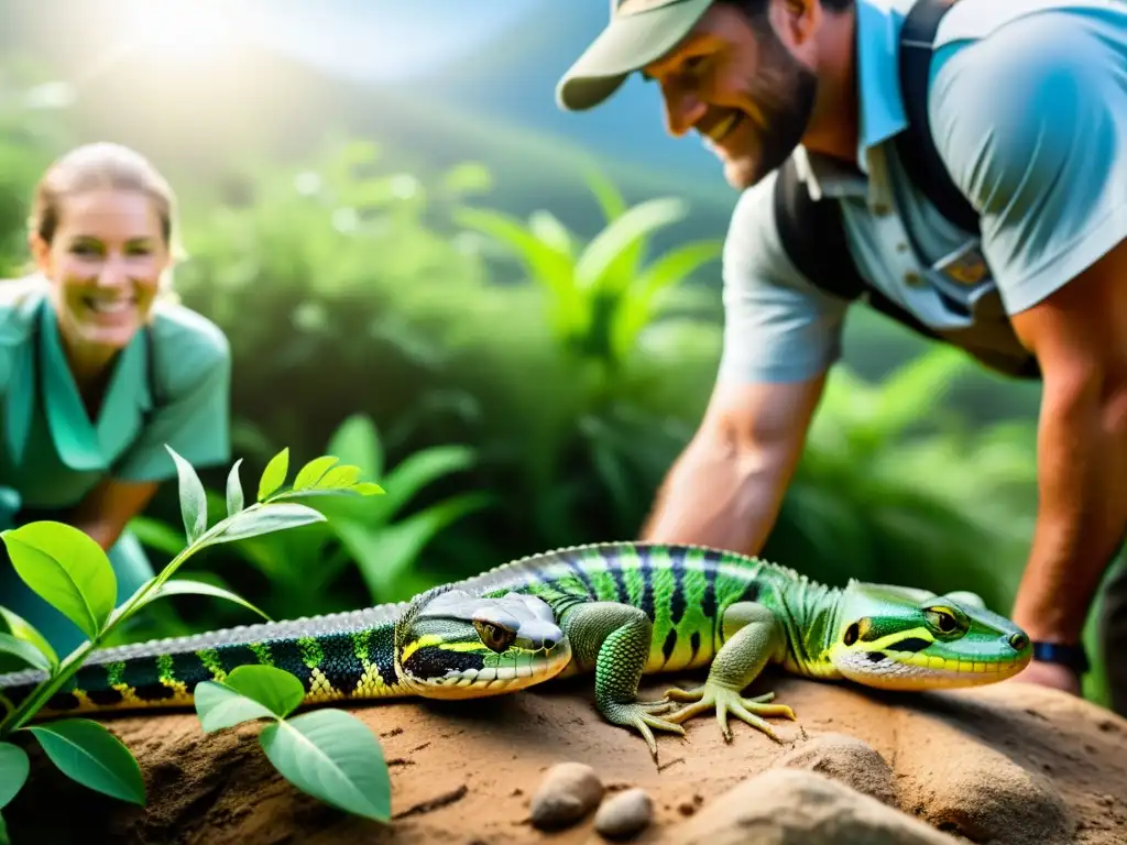 Equipo de conservacionistas liberando reptiles en su hábitat natural, mostrando la delicada reintroducción y los dilemas éticos de la conservación