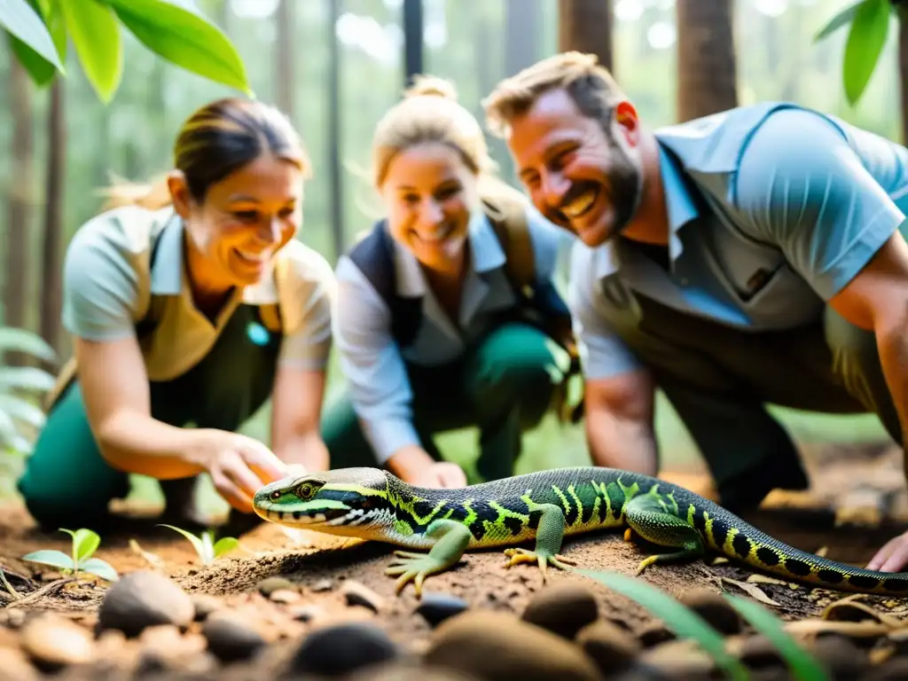 Un equipo de conservacionistas libera reptiles rehabilitados en su hábitat natural, contribuyendo a la reintroducción de reptiles en ecosistemas