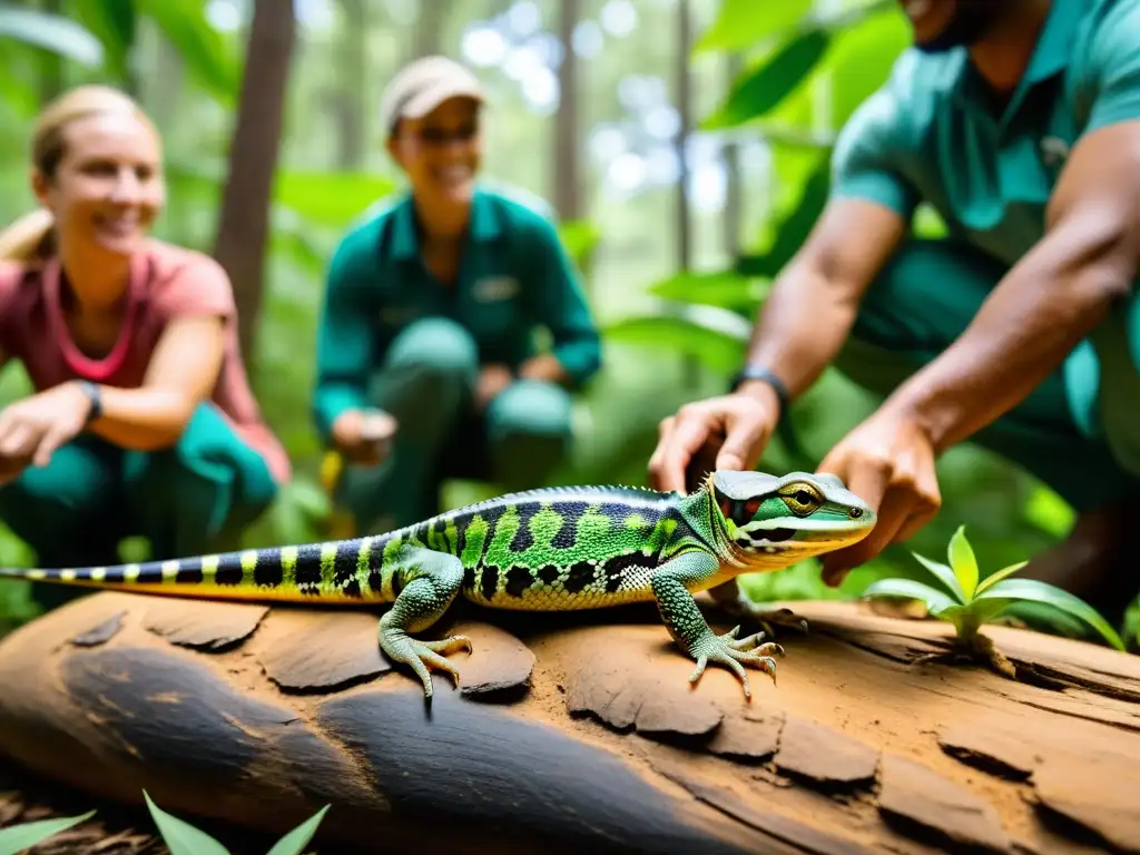 Un equipo de conservacionistas libera reptiles rehabilitados en su hábitat natural, mostrando el manejo ético de poblaciones de reptiles