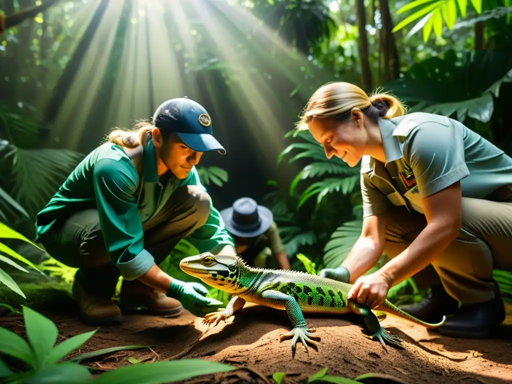 Equipo de conservacionistas liberando reptiles en la selva - Conservación de reptiles iniciativas exitosas