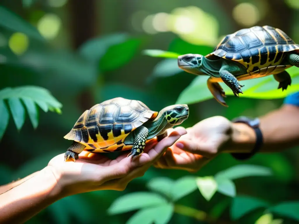 Equipo de conservacionistas libera cuidadosamente tortugas en su hábitat natural, protegiéndolas del comercio ilegal de tortugas