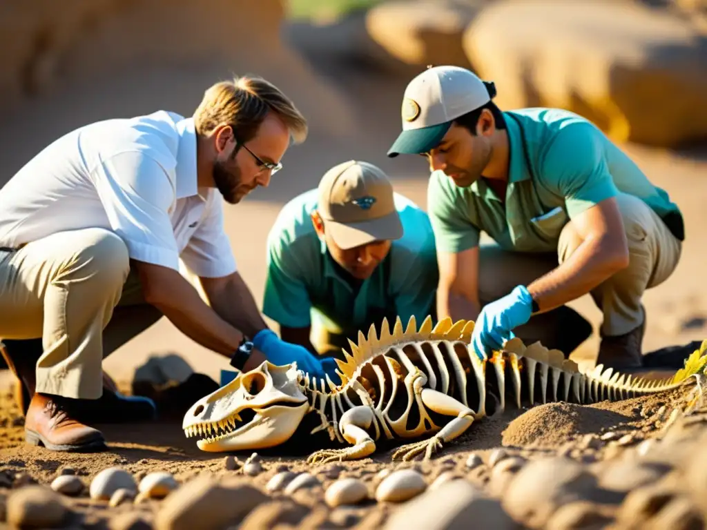 Un equipo de paleontólogos excava con cuidado fósiles de reptiles, iluminados por una cálida luz dorada