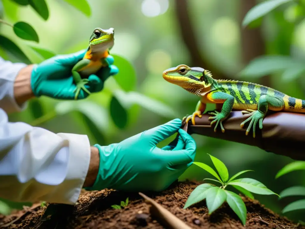 Un equipo de biólogos libera con cuidado reptiles en peligro de extinción en un exuberante bosque