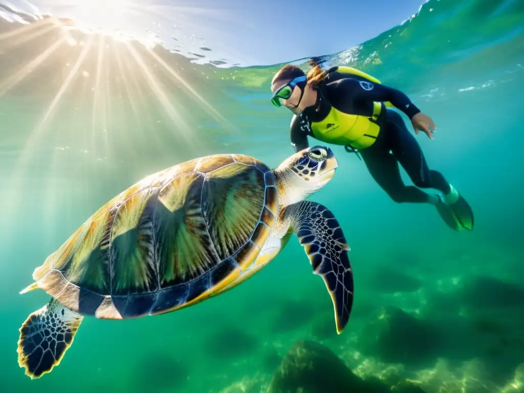 Equipo de ecologistas liberando con cuidado tortugas verdes en ecosistema marino protegido