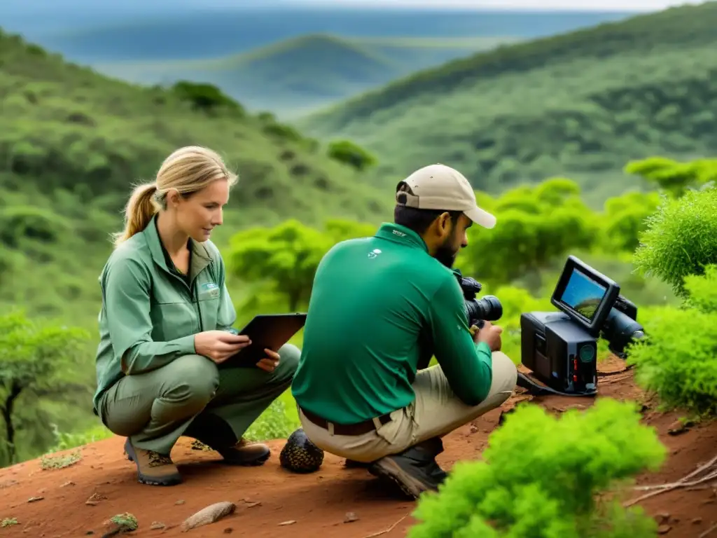 Un equipo de ecólogos utilizando técnicas avanzadas de seguimiento en el hábitat natural de los reptiles, en medio de una densa y exuberante selva