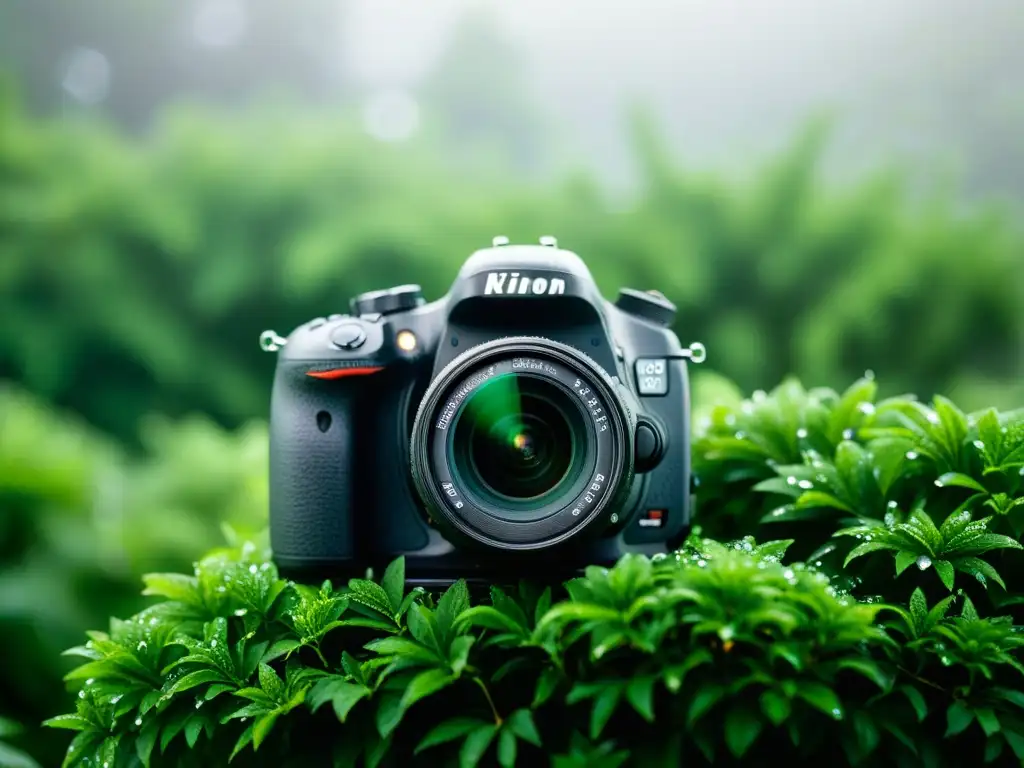 Un equipo fotográfico profesional en un entorno húmedo, con detalles nítidos y protección en la atmósfera