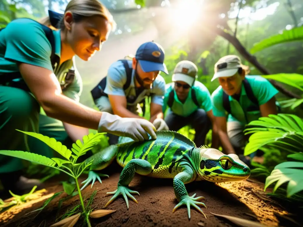 Equipo de herpetólogos liberando con cuidado reptiles en peligro en su hábitat natural, resaltando la crucial conservación de reptiles en peligro