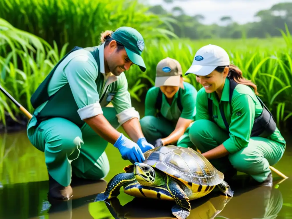 Equipo de herpetólogos libera con cuidado tortugas en humedal protegido, mostrando la belleza y vulnerabilidad de estas criaturas