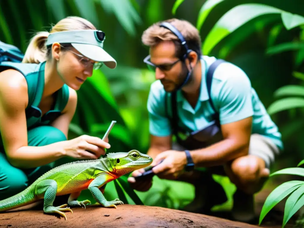 Equipo internacional de investigadores estudiando el comportamiento de reptiles en la selva