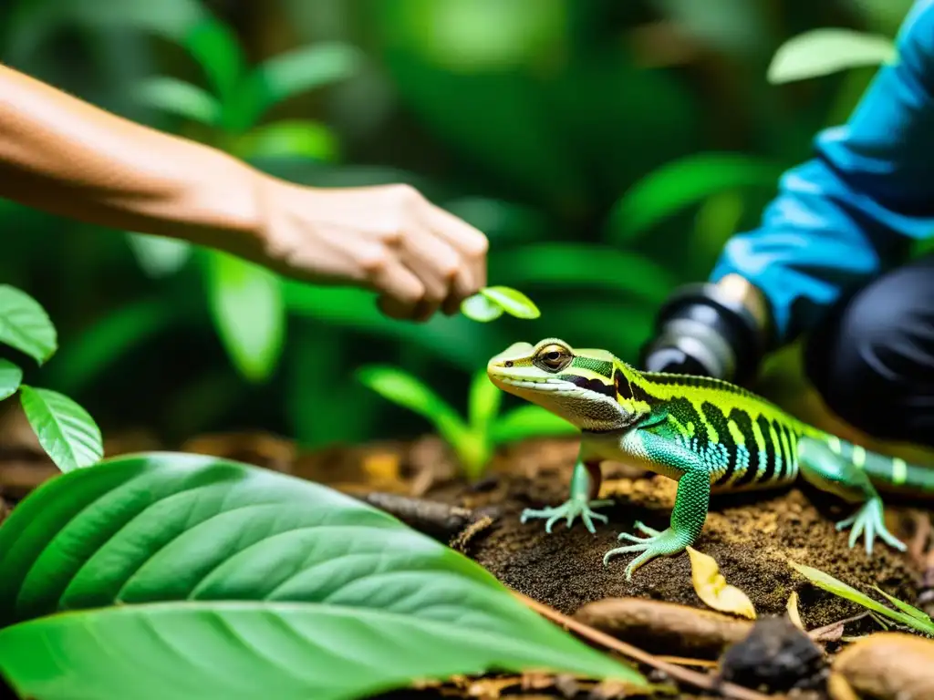 Equipo internacional reintroduciendo reptiles y anfibios en su hábitat natural en un exuberante bosque tropical