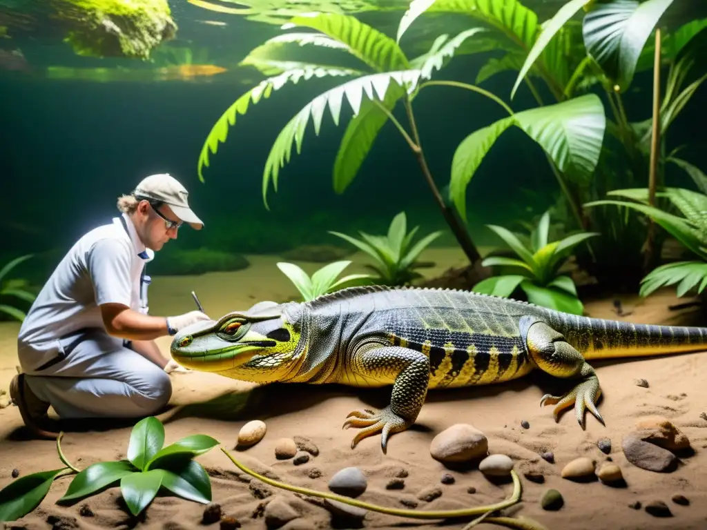 Equipo de investigadores midiendo y documentando una especie de reptil gigante en su hábitat tropical