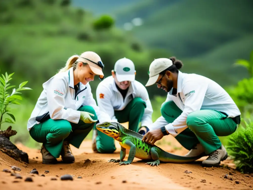 Un equipo de investigadores libera cuidadosamente reptiles amenazados en su hábitat natural, mostrando refugios seguros para reptiles amenazados