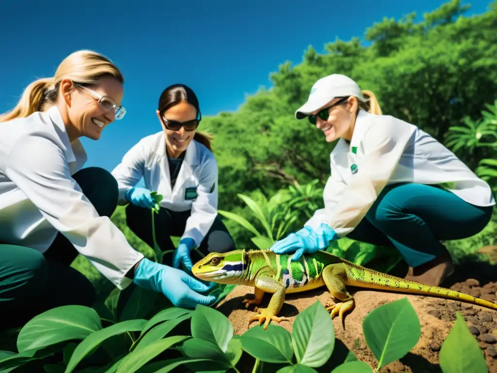 Equipo de investigadores liberando reptiles en peligro de extinción Equipo de investigadores liberando reptiles en su hábitat natural