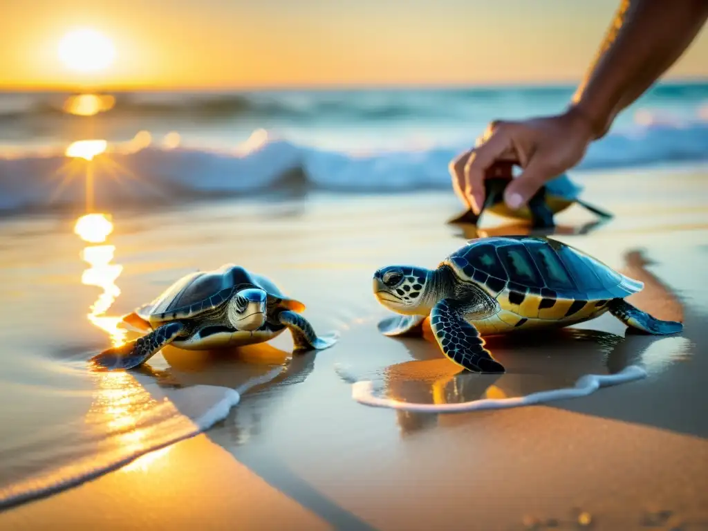 Un equipo de biólogos marinos libera con cuidado crías de tortugas marinas al océano al atardecer, en un emotivo esfuerzo de conservación