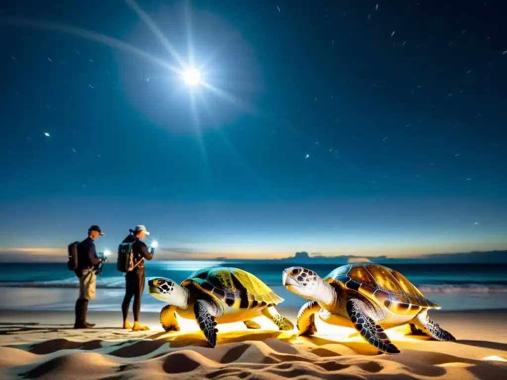 Equipo de biólogos marinos aplica telemetría en conservación de tortugas marinas bajo la luna y las estrellas, en un escenario fascinante