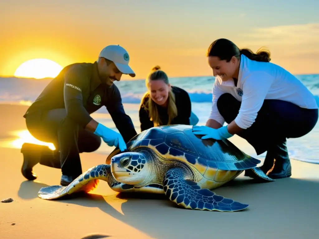 Equipo de biólogos marinos libera una tortuga marina rehabilitada al océano al atardecer, en un emotivo acto de conservación