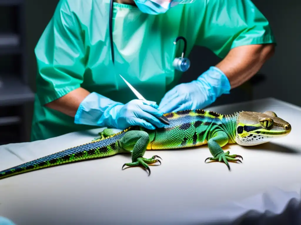 Delicada cirugía de reptil en peligro Equipo médico realiza cirugía en conservación de reptiles, mostrando atención y precisión en procedimiento crítico