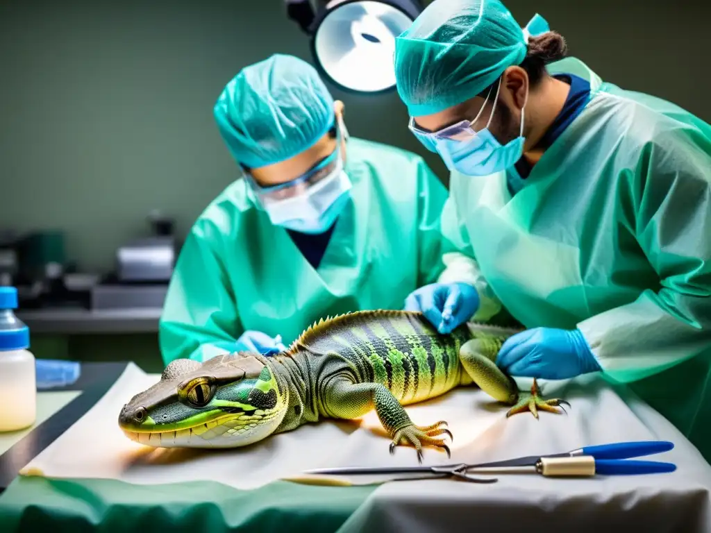 Un equipo médico concentradamente realiza cirugía plástica en reptiles, con precisas incisiones y delicadas suturas