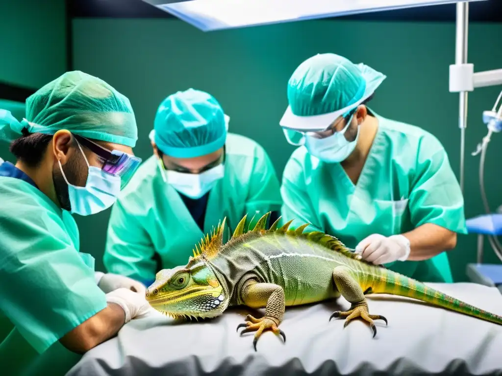 Equipo médico realiza una delicada cirugía de columna vertebral en un iguana, con monitores y precisos instrumentos