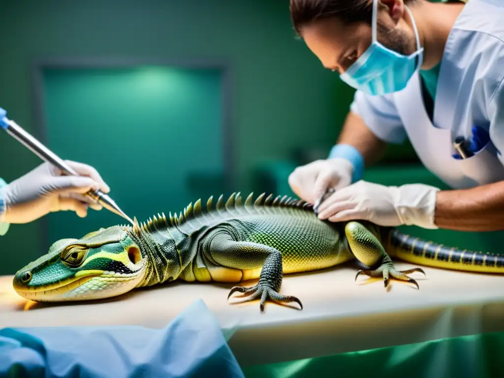 Equipo médico especializado realizando implantes ortopédicos para reptiles en una cirugía detallada y avanzada