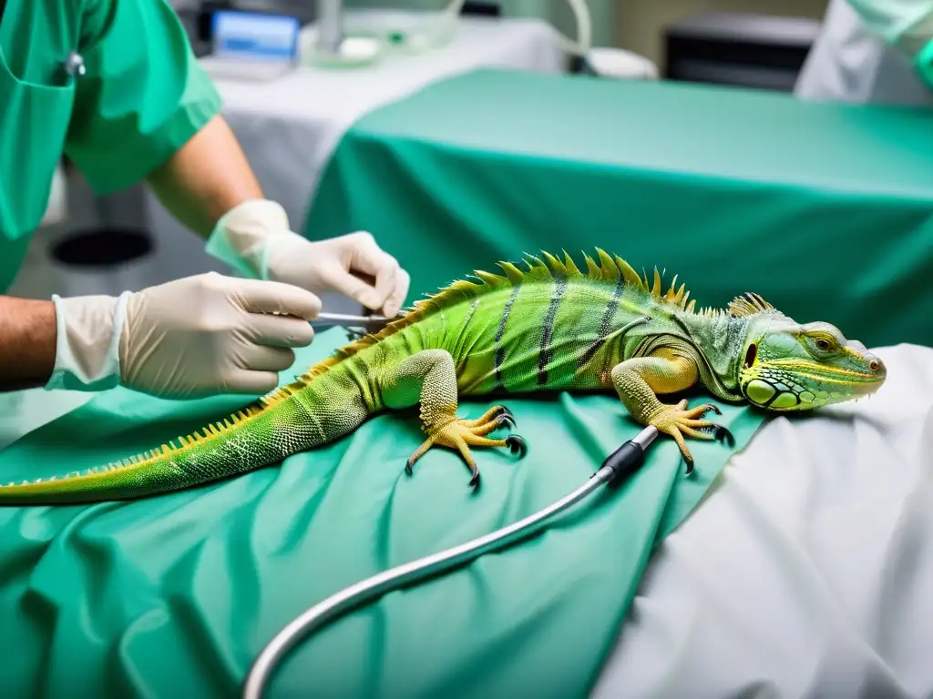 Un equipo médico realiza una meticulosa cirugía de columna vertebral en un iguana, destacando la dedicación y la precisión en el cuidado de reptiles