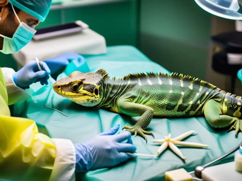 El equipo médico realiza con precisión la recuperación de fracturas óseas en reptiles