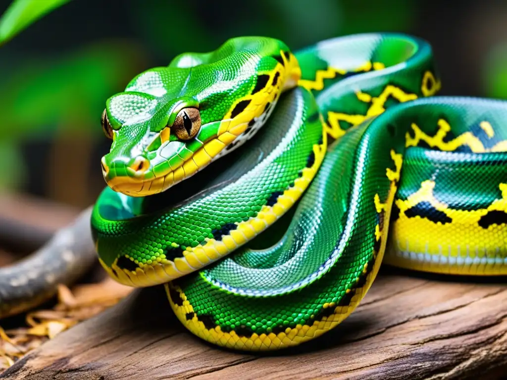 Equipo profesional para manejo de reptiles: Detalle de pinzas sujetando delicadamente la cola de una pitón verde en una estación bien organizada