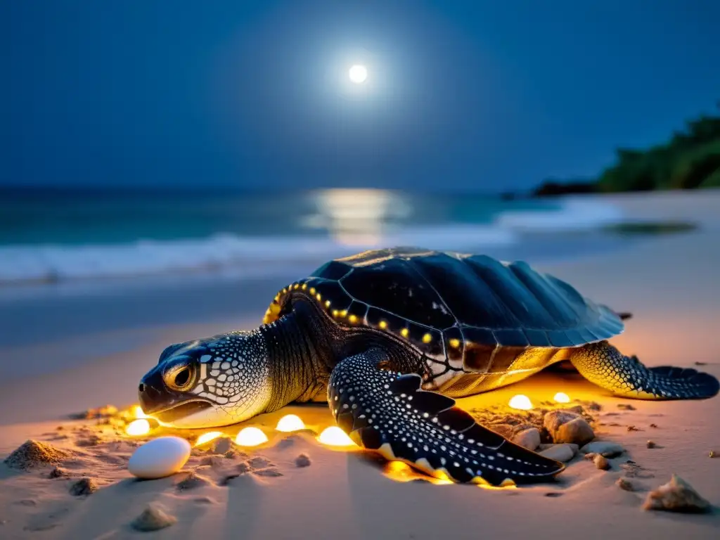 Equipo de conservación de reptiles en peligro vigilando a la tortuga laúd mientras anida en la playa, bajo la luz de la luna