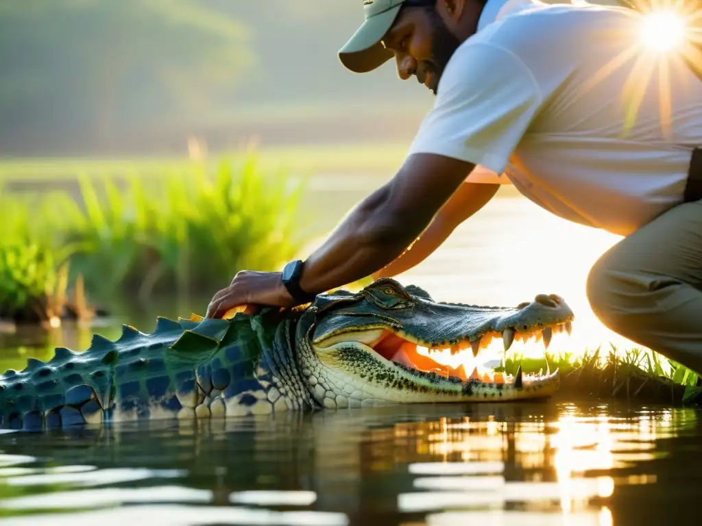 Equipo de rescate y rehabilitación de cocodrilos liberando con cuidado a un majestuoso cocodrilo en su hábitat natural, con determinación y respeto