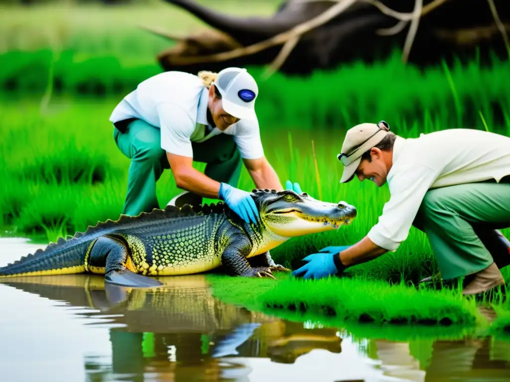 Equipo de rescate y rehabilitación de cocodrilos liberando con cuidado a los majestuosos reptiles en su hábitat natural