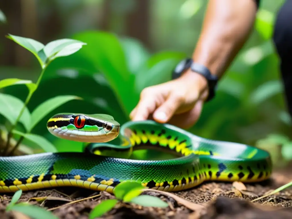 Un equipo de biólogos libera una serpiente vibrante y patrón en su hábitat natural