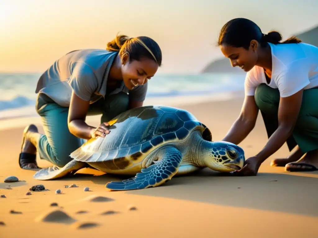 Equipo de conservación de tortugas marinas midiendo y etiquetando con precisión al amanecer en una playa prístina