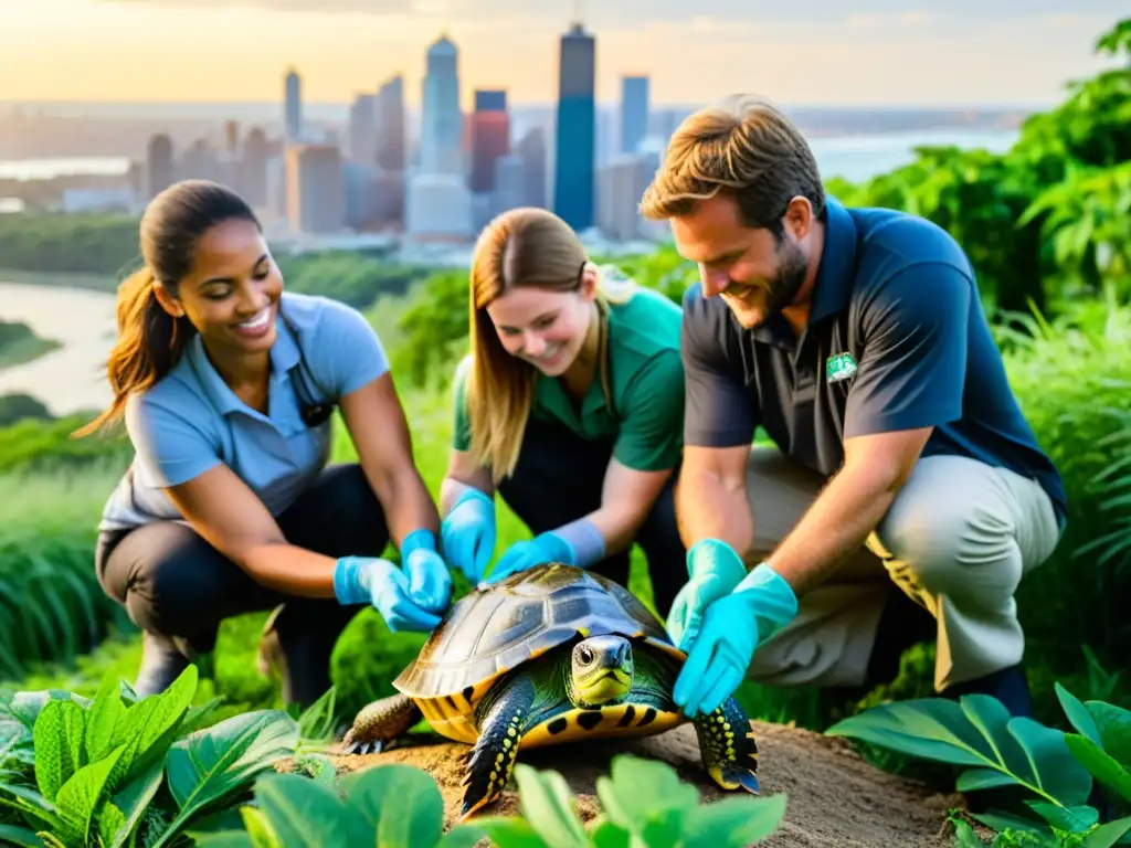 Equipo de conservación urbana protegiendo a una tortuga en su hábitat natural de la ciudad