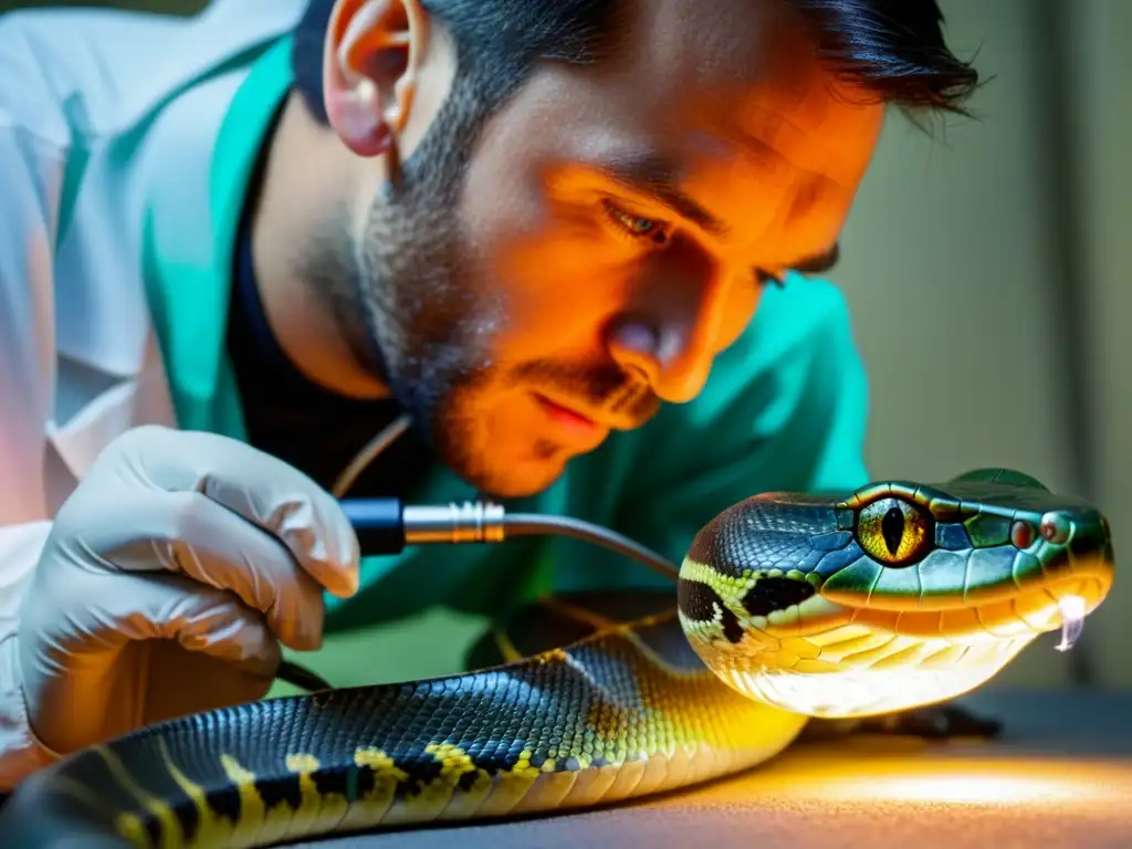 Un equipo veterinario examina con cuidado la boca de una serpiente bajo una luz y lupa