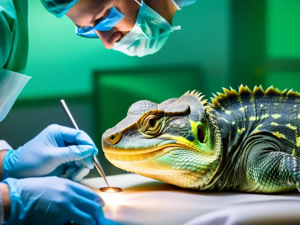 Equipo veterinario realizando una precisa reparación de hernias en reptiles, destacando su dedicación y profesionalismo