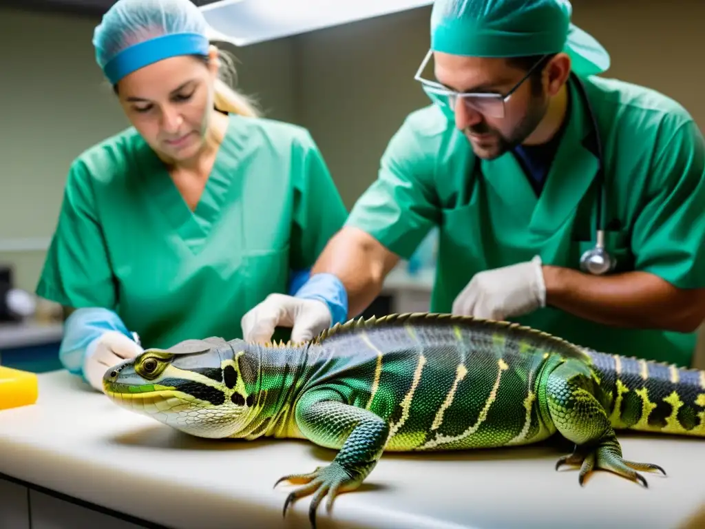 Rehabilitación posoperatoria de reptil en peligro Un equipo de veterinarios y conservacionistas cuida minuciosamente la rehabilitación postoperatoria de una especie de reptil en peligro