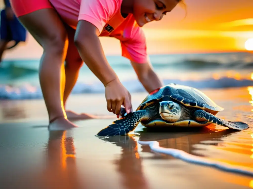 Un equipo de voluntarios liberando con cuidado crías de tortugas marinas al océano al atardecer