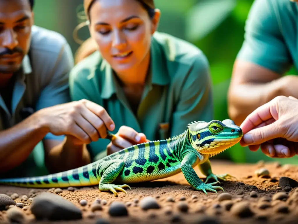 Equipo de zoólogos liberando con cuidado reptiles en peligro, resaltando la conservación de reptiles en peligro con determinación y colores naturales