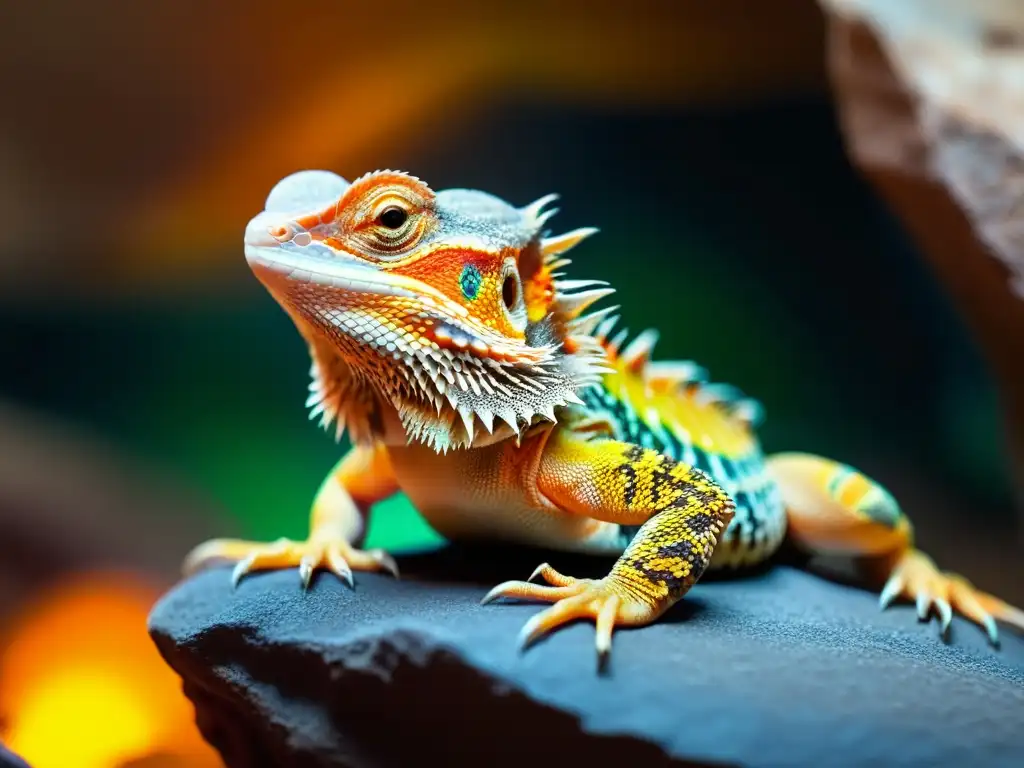 Bearded dragon basking under heat lamp, mostrando escamas y colores vibrantes