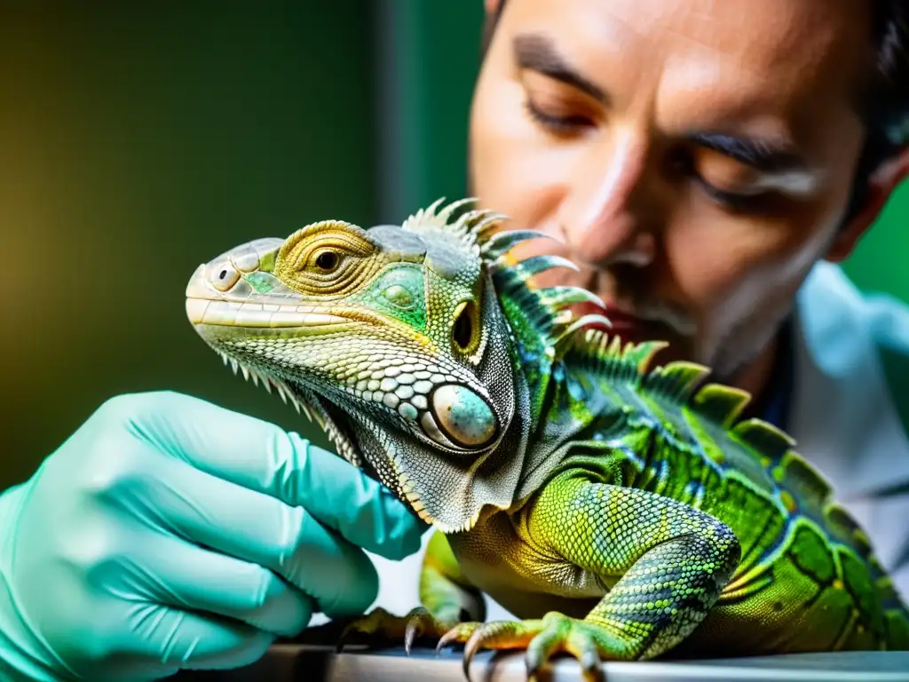 Veterinario examina detenidamente las escamas de una majestuosa iguana verde en busca de Detección temprana cáncer reptiles