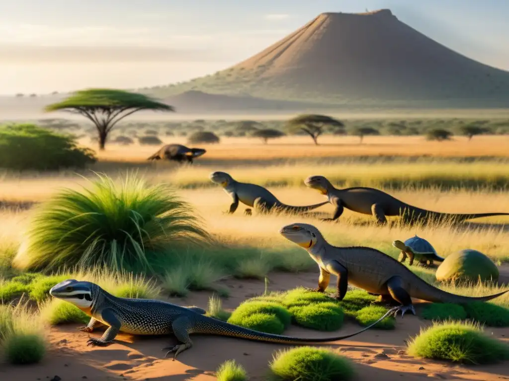 Una escena de coexistencia de reptiles en sabanas con una familia de lagartos monitor tomando el sol y tortugas de fondo