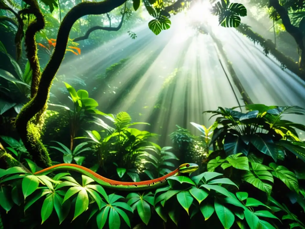 Reptiles en la selva tropical Escena exuberante de reptiles en comportamiento arbóreo en el bosque tropical, destacando su adaptación y biodiversidad