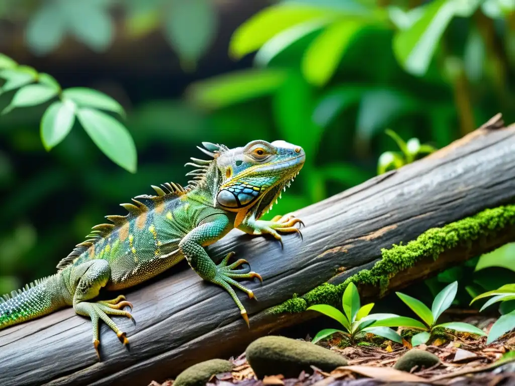 Una escena exuberante de reptiles en un río, con una iguana verde majestuosa y tortugas tomando el sol en un tronco caído