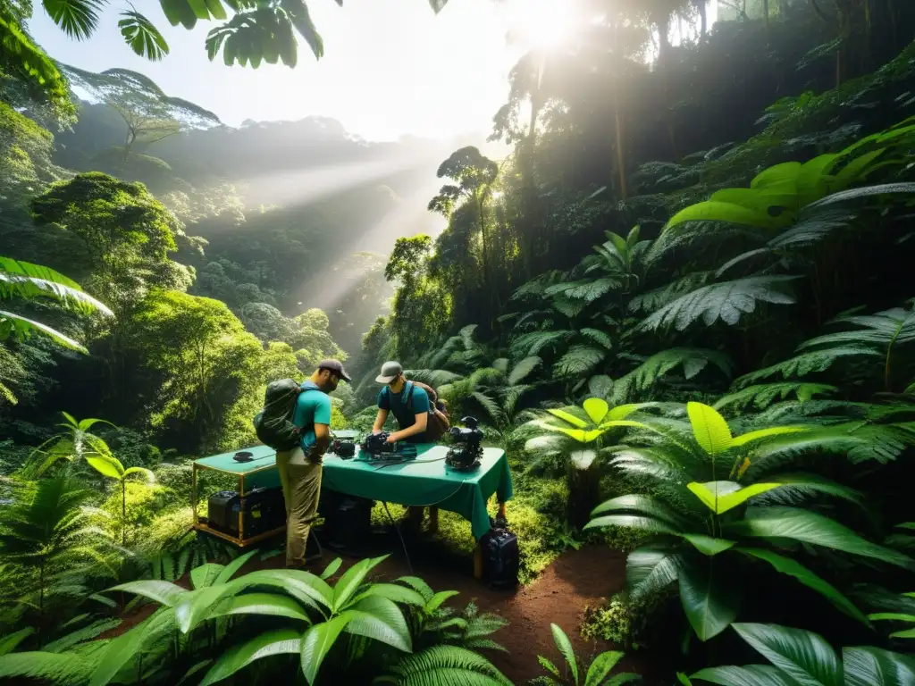 Escena 8k de una exuberante selva con monitoreo hábitats tiempo real IA y tecnología ecológica avanzada integrada