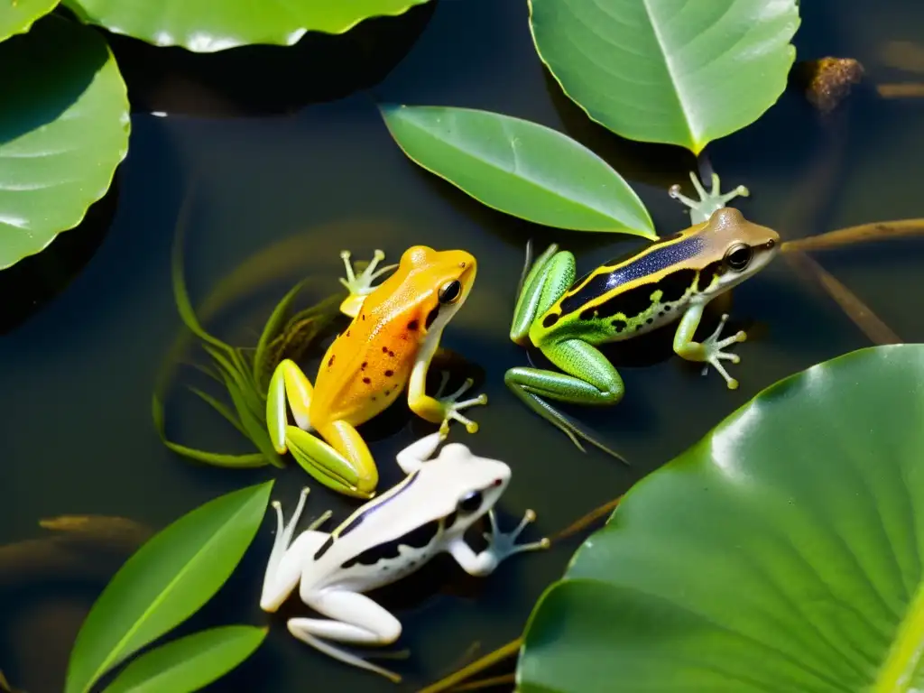 Una escena fascinante de reproducción de anfibios en un entorno biodiverso, mostrando la selección natural en acción