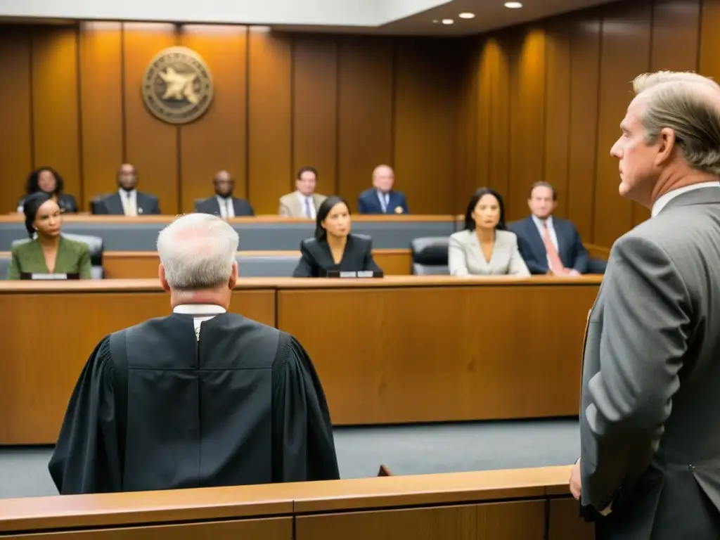 Escena impactante de un juicio sobre tenencia de reptiles, con juez, abogados y expertos en la sala