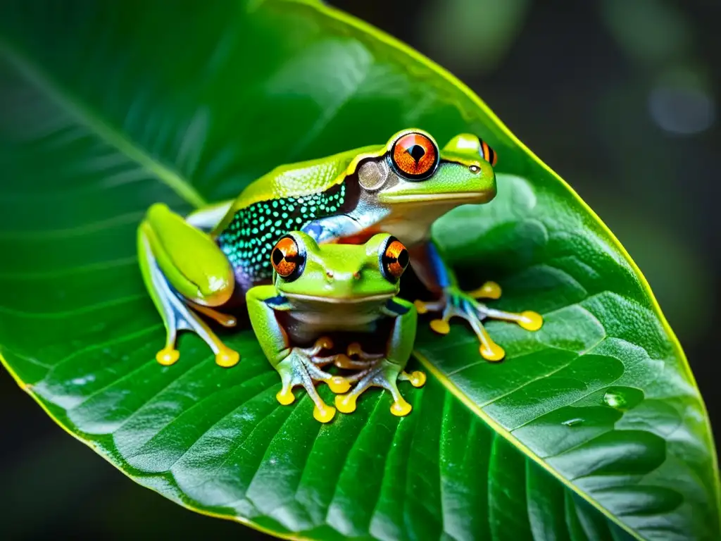 Escena íntima: pareja de ranas de ojos rojos apareándose en la hoja, resaltando estrategias de apareamiento en anfibios en la selva nocturna