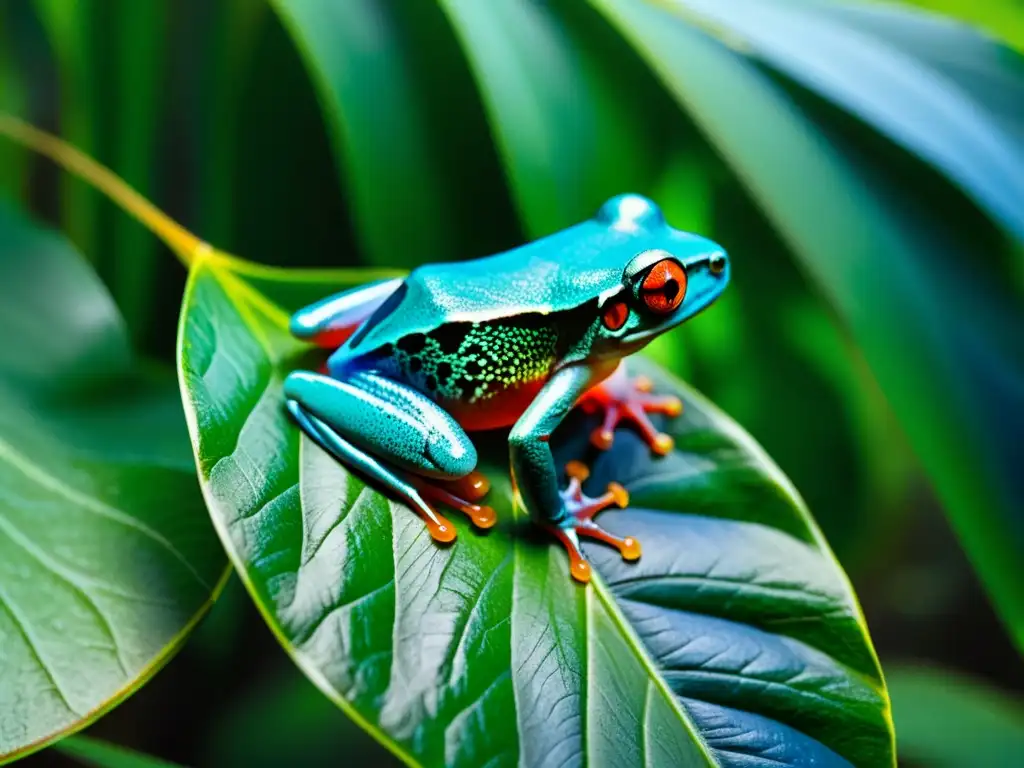 Un escenario exuberante de selva tropical con una rana de colores vibrantes aferrada a una hoja